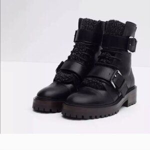 Zara Black Combat Boots with Rugged Design and Adjustable Fit